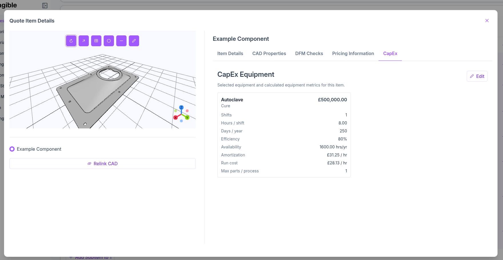 Cost modelling CapEx costs calculated