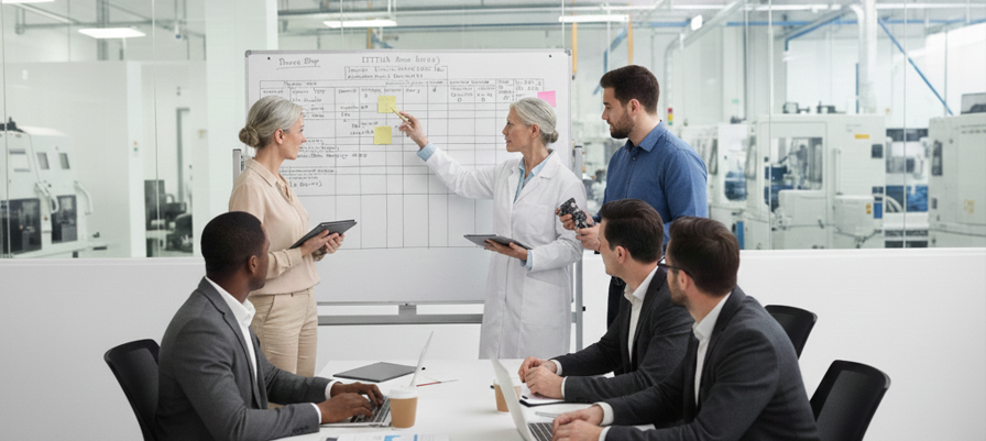 Engineering team reviewing a process FMEA board in a manufacturing facility
