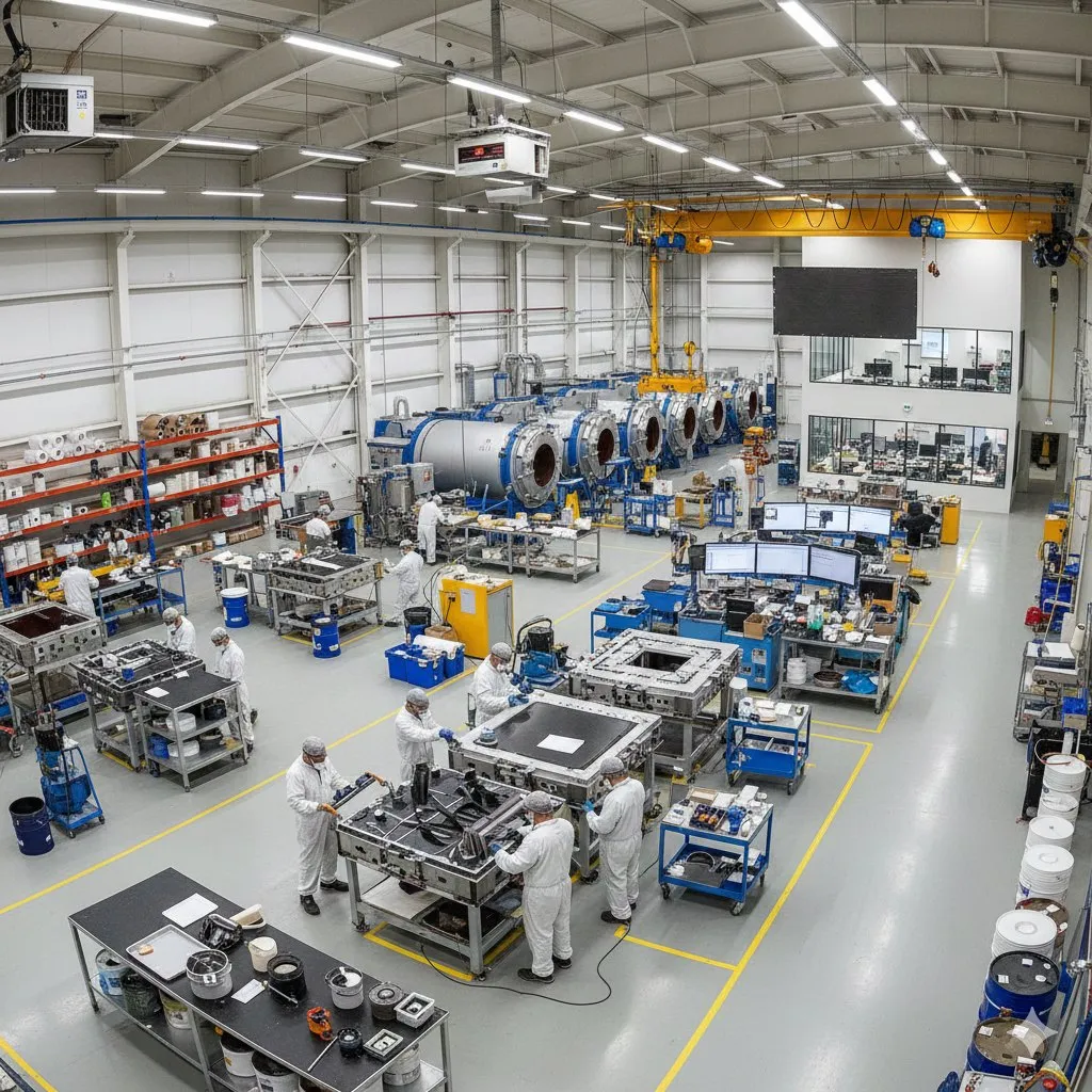 Composite manufacturing floor with engineers working on tooling